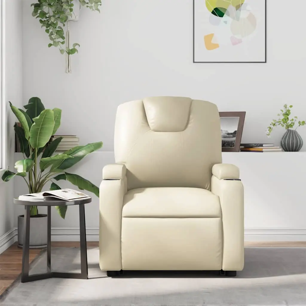 Massage Recliner Chair Faux Leather Cream Manual Recline 6 Points Vibration