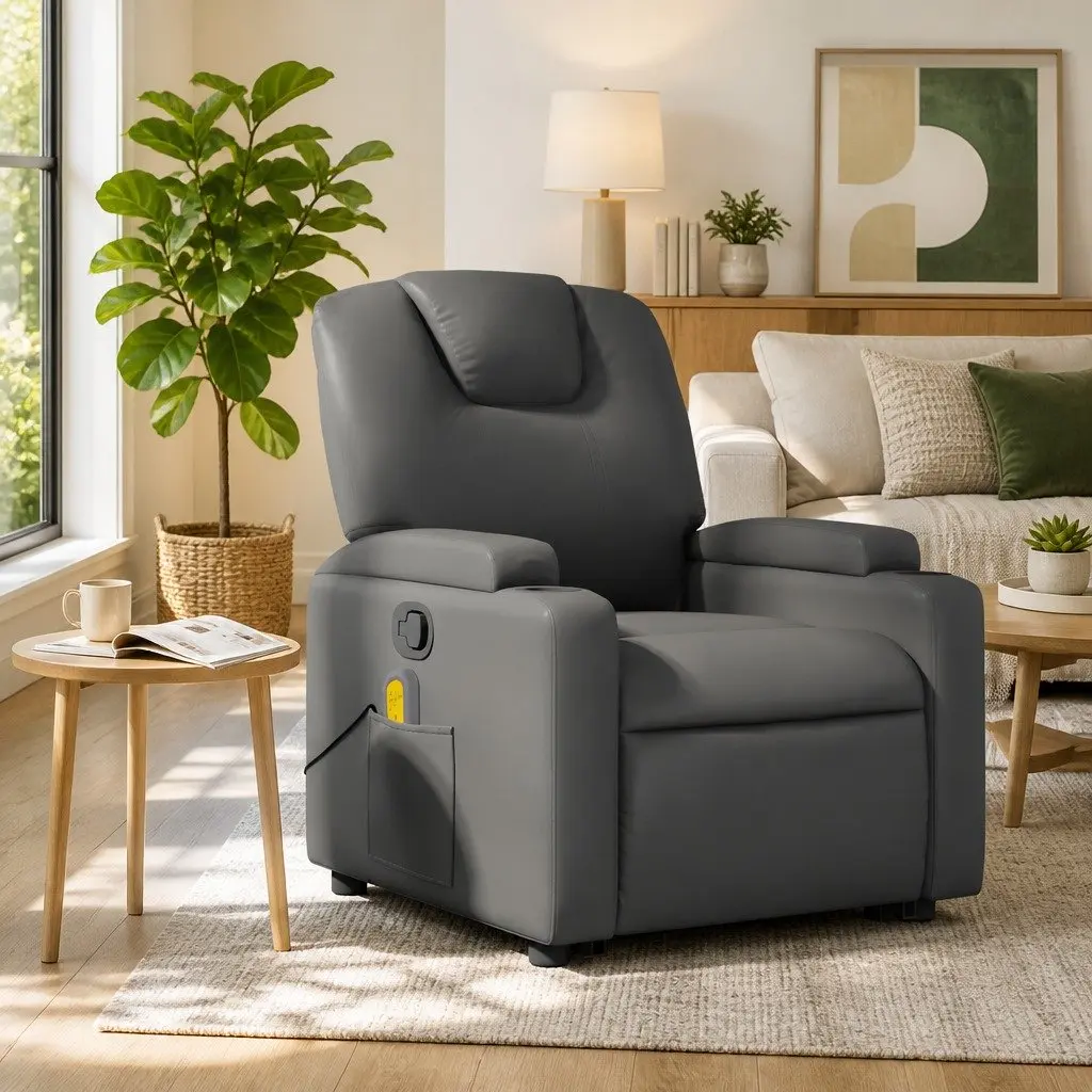 Massage Recliner Chair Grey Faux Leather Manual Reclining Armchair with 6