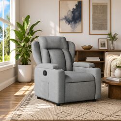 Recliner Chair Manual Reclining Armchair Grey Fabric Lounge Seat Cup Holders