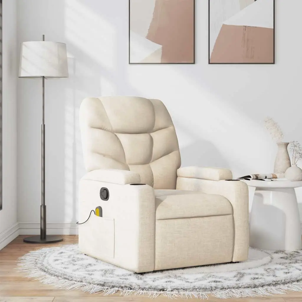 Massage Recliner Chair Cream Fabric Manual Recline Vibration 6 Points Armchair