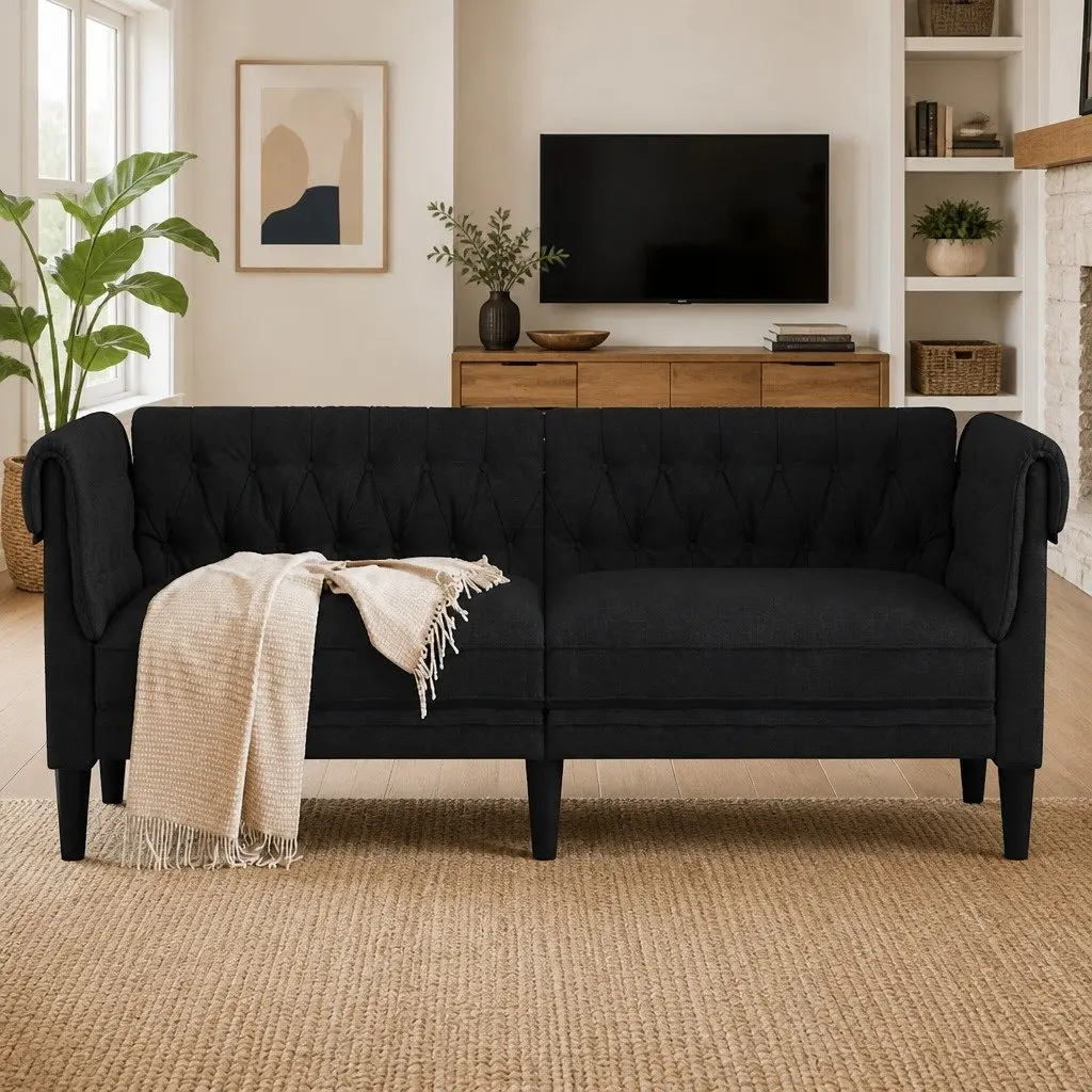 2-Seater Chesterfield Sofa Black Fabric Classic Rolled Arm