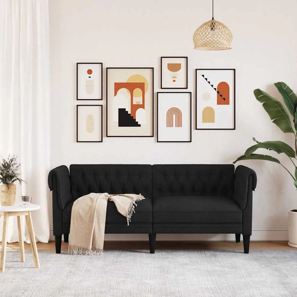 2-Seater Chesterfield Sofa Black Fabric Classic Rolled Arm