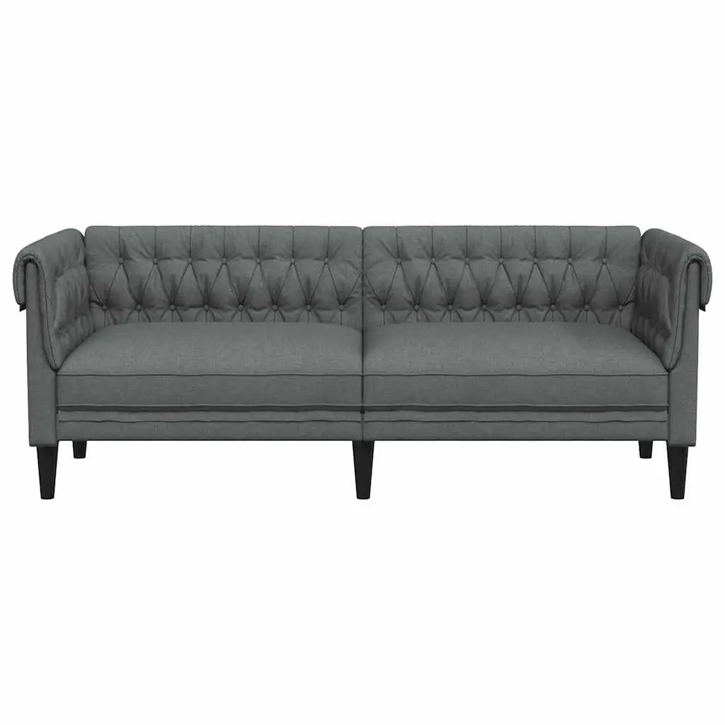 3-Seater Chesterfield Sofa Grey Fabric Living Room Couch Rolled Arm Design