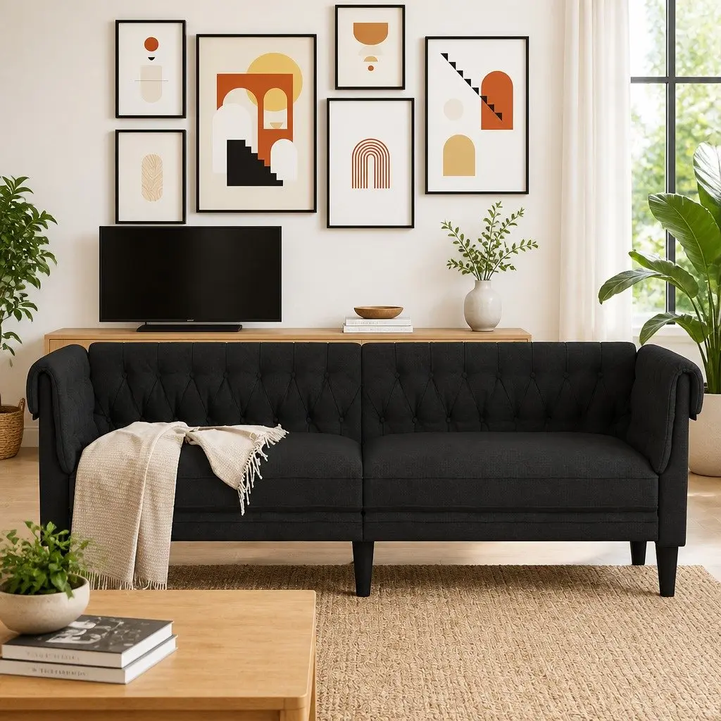 3 Seater Sofa Chesterfield Black Fabric Rolled Arm Deep Backrest