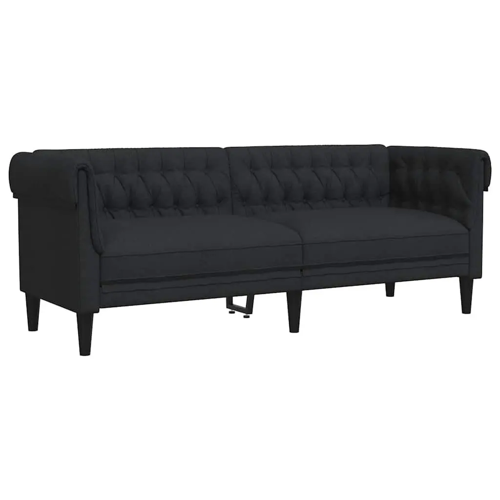3 Seater Sofa Chesterfield Black Fabric Rolled Arm Deep Backrest