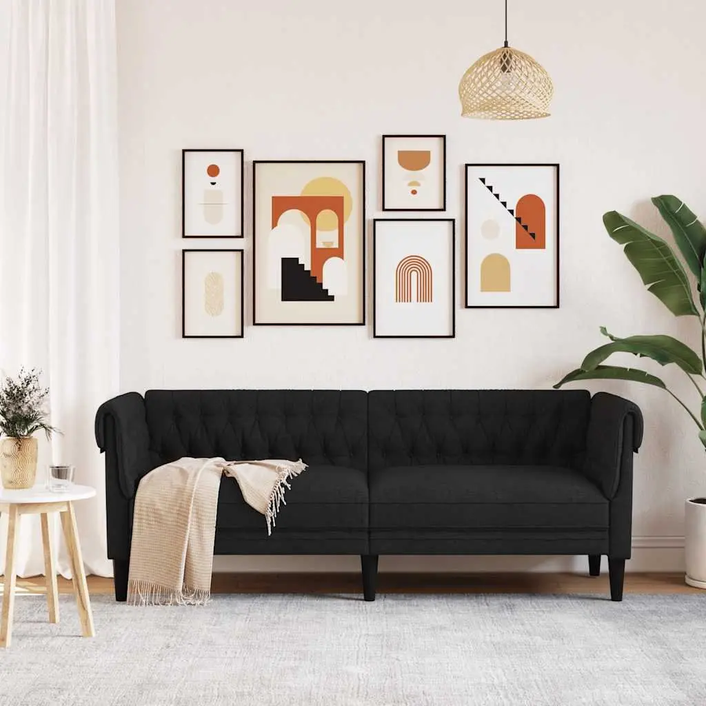 3 Seater Sofa Chesterfield Black Fabric Rolled Arm Deep Backrest