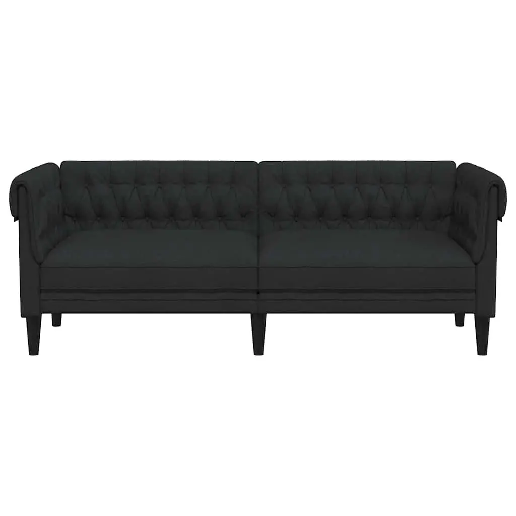 3 Seater Sofa Chesterfield Black Fabric Rolled Arm Deep Backrest