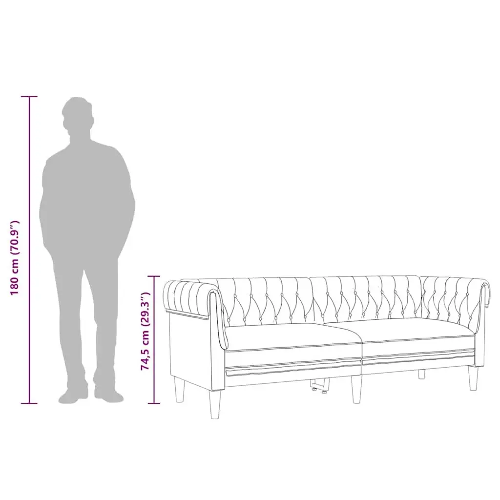 3 Seater Sofa Chesterfield Black Fabric Rolled Arm Deep Backrest