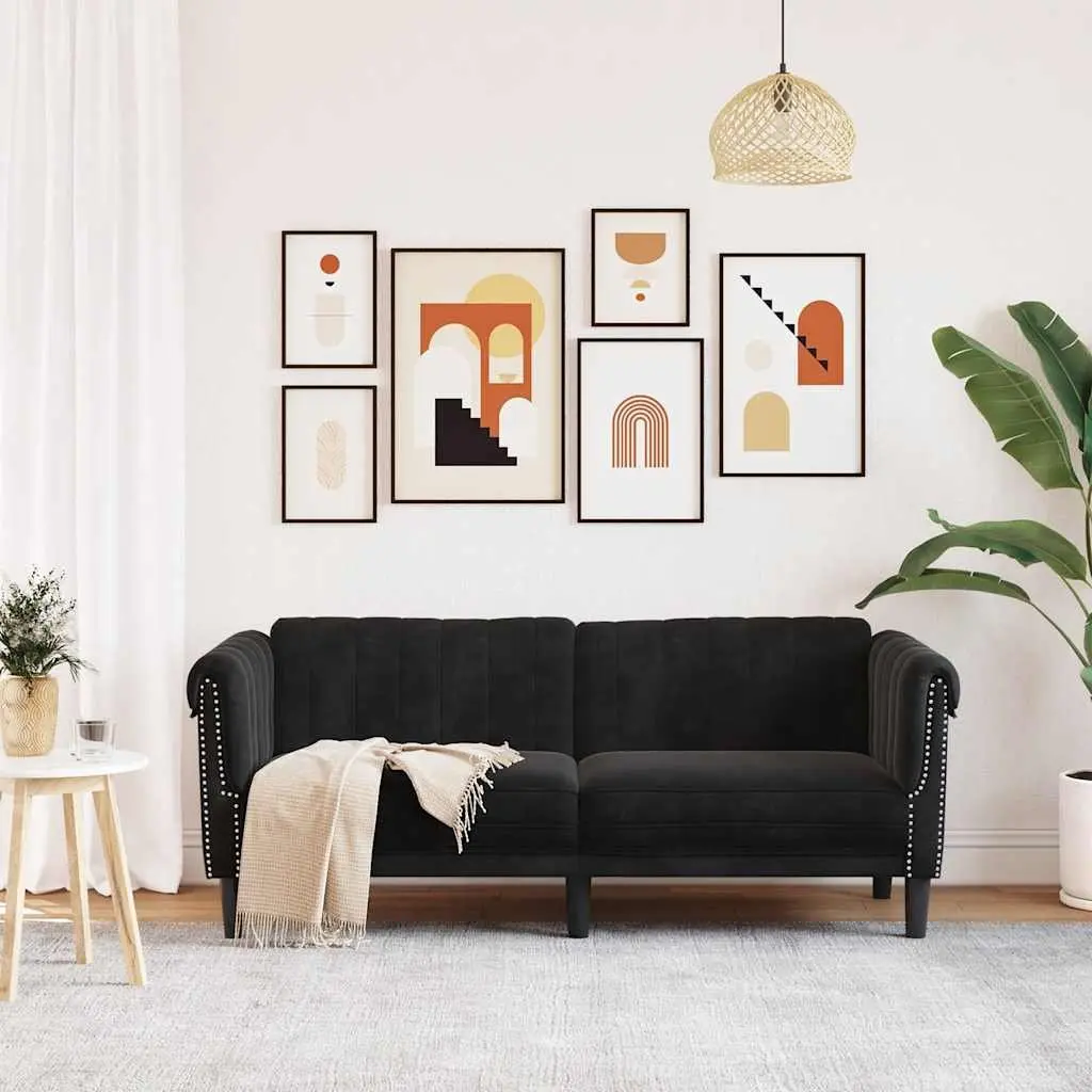 BlackVelvet2SeaterSofaComfortableModernDesignPaddedArmrestsforLivingRoom