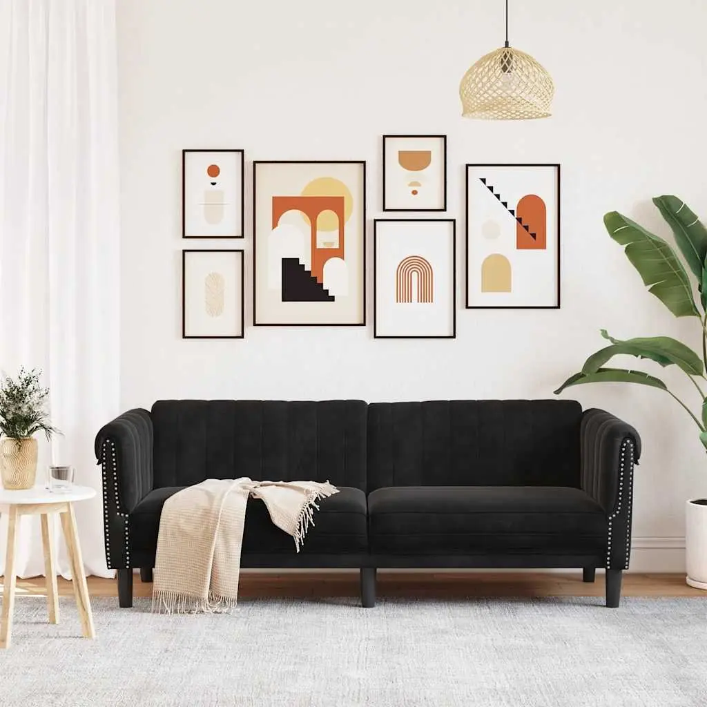 3-Seater Sofa Black Velvet Living Room Furniture Couch Comfortable Padded Seat