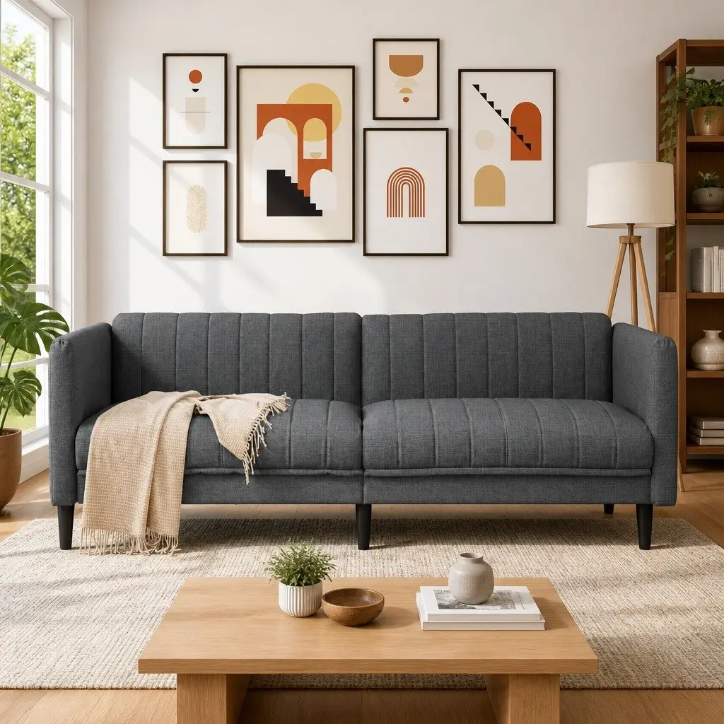 3-Seater Sofa Grey Fabric Living Room Couch Modern Design Comfortable Seating