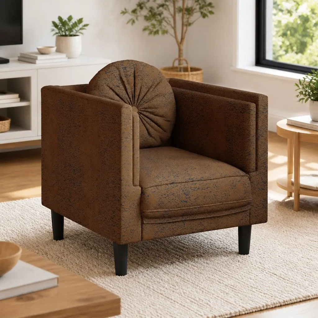 Sofa Chair Brown Faux Suede Leather Armchair with Cushion Padded Seat Living
