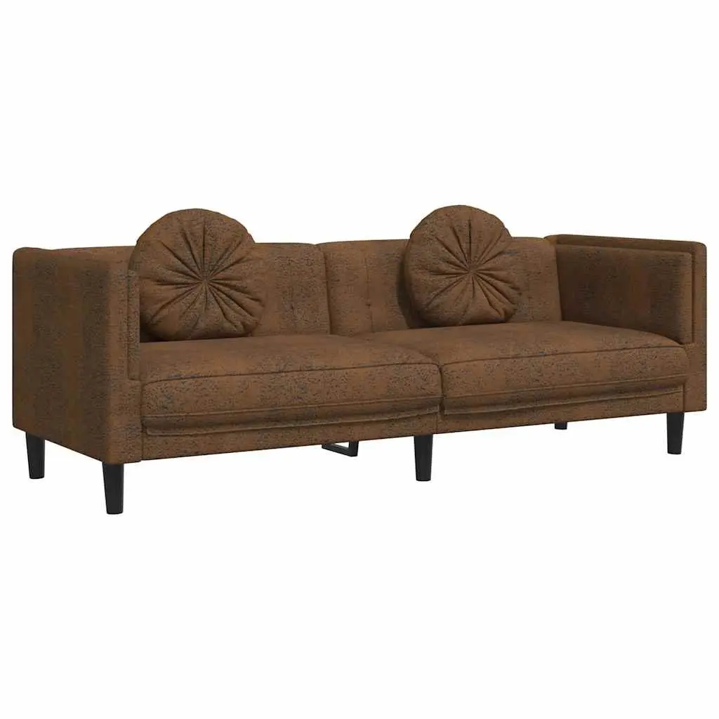 3-Seater Sofa Faux Suede Leather Brown Padded Armrests