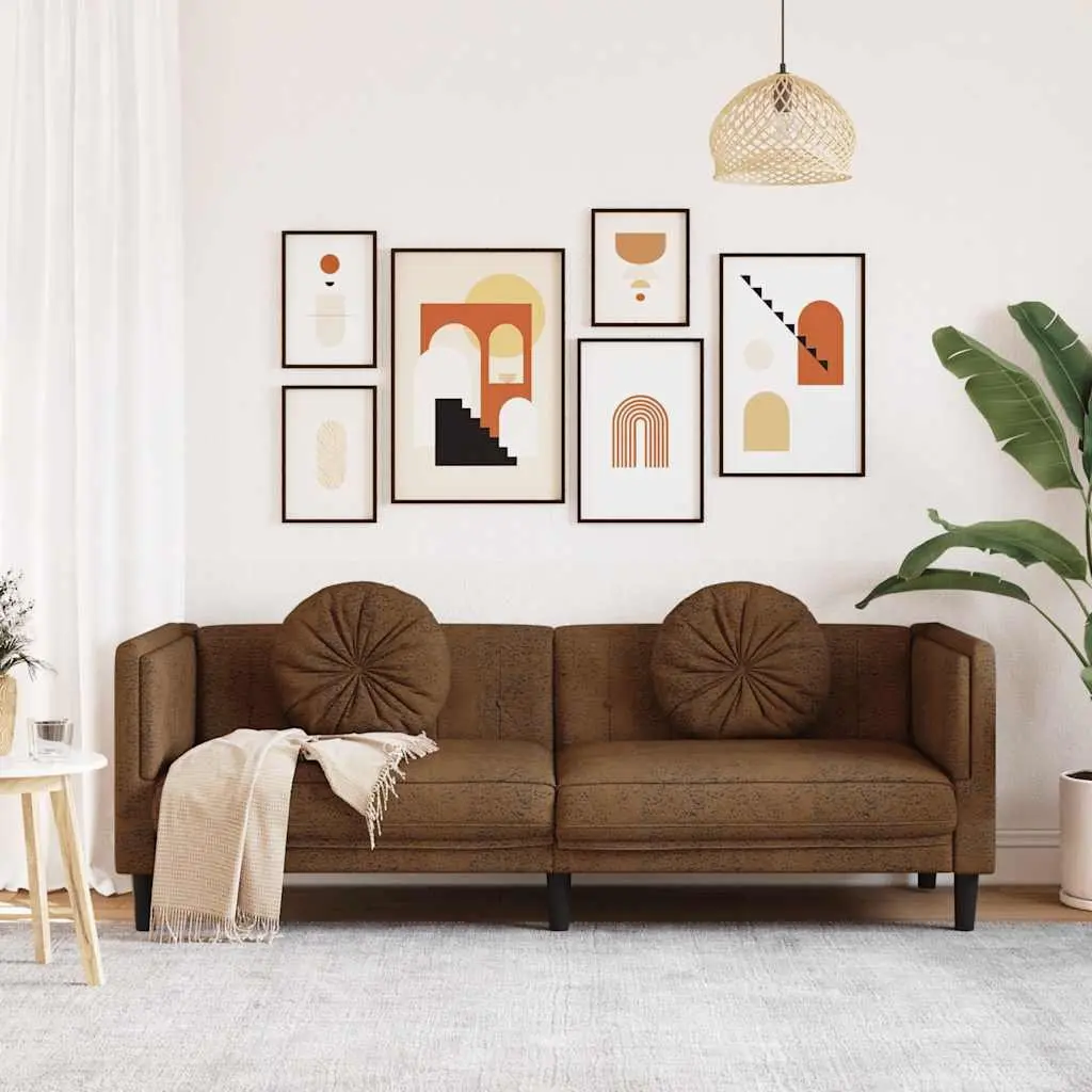 3-Seater Sofa Faux Suede Leather Brown Padded Armrests