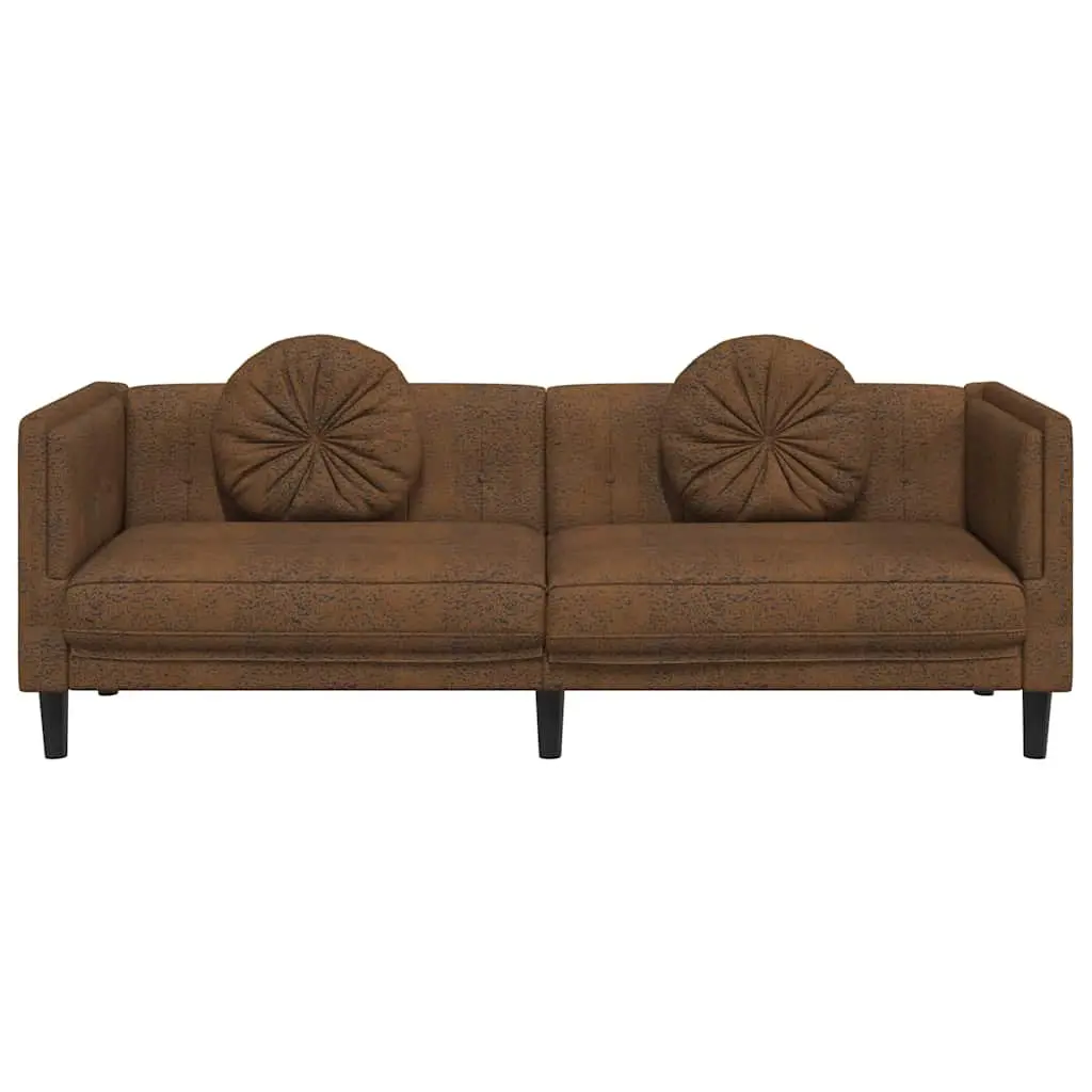 3-Seater Sofa Faux Suede Leather Brown Padded Armrests