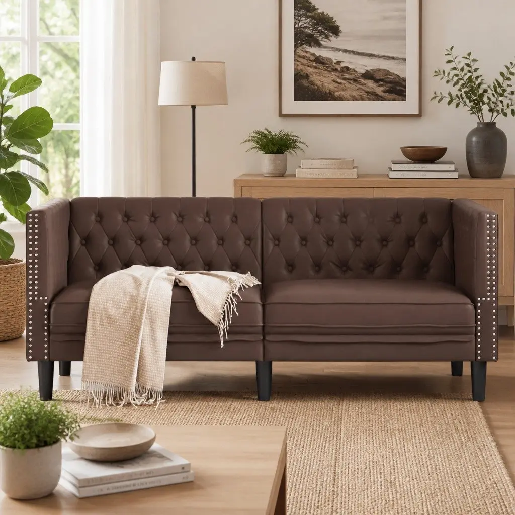 Chesterfield Sofa Faux Leather 2-Seater Brown Button Tufted Armchair