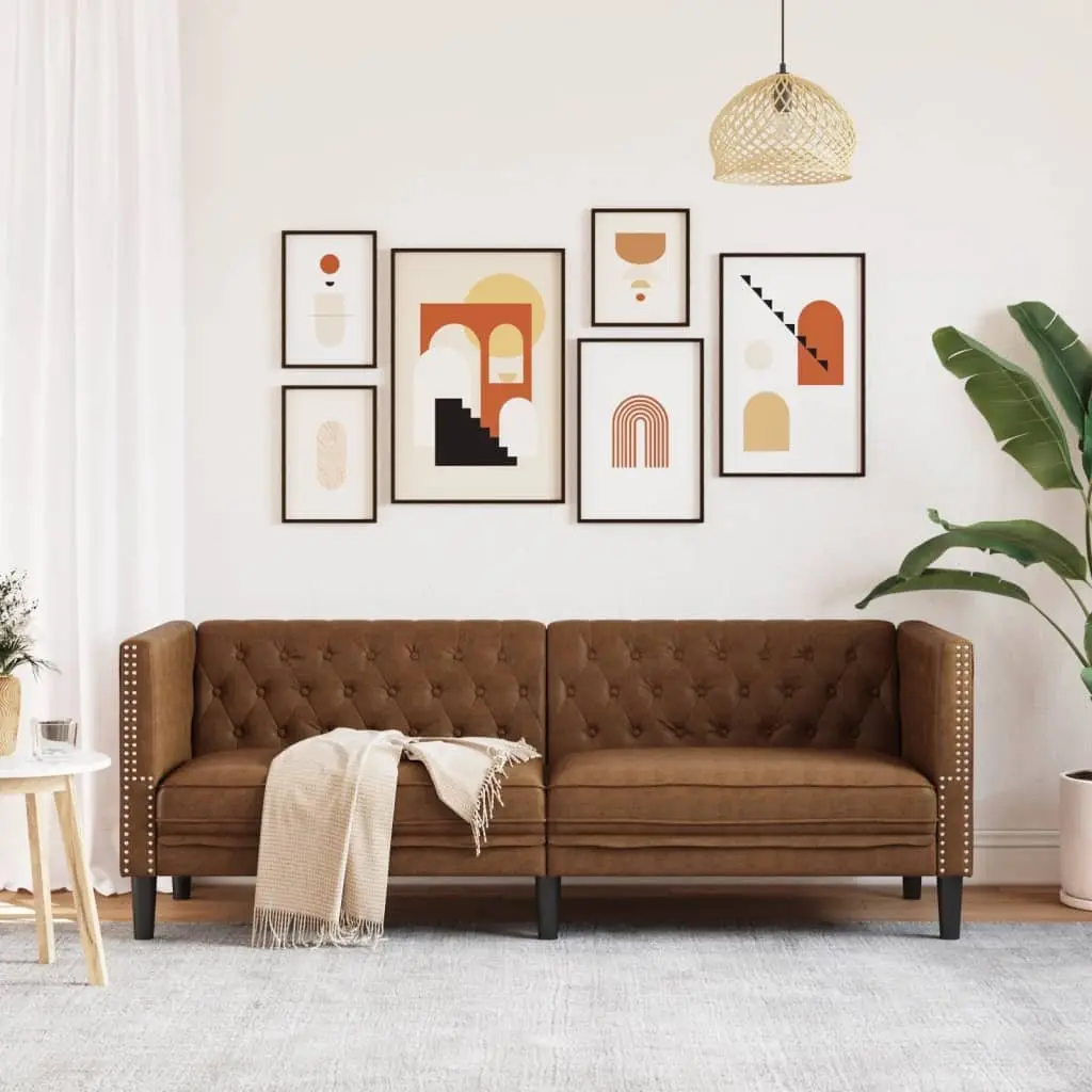 3-Seater Chesterfield Sofa Brown Faux Suede Button Tufted Living Room Furniture