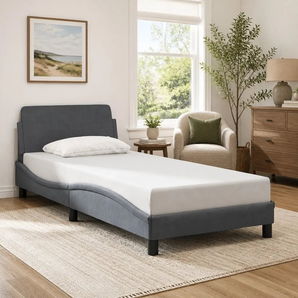 Grey Velvet Upholstered Bed Frame 90x190cm with Headboard and Slatted Base