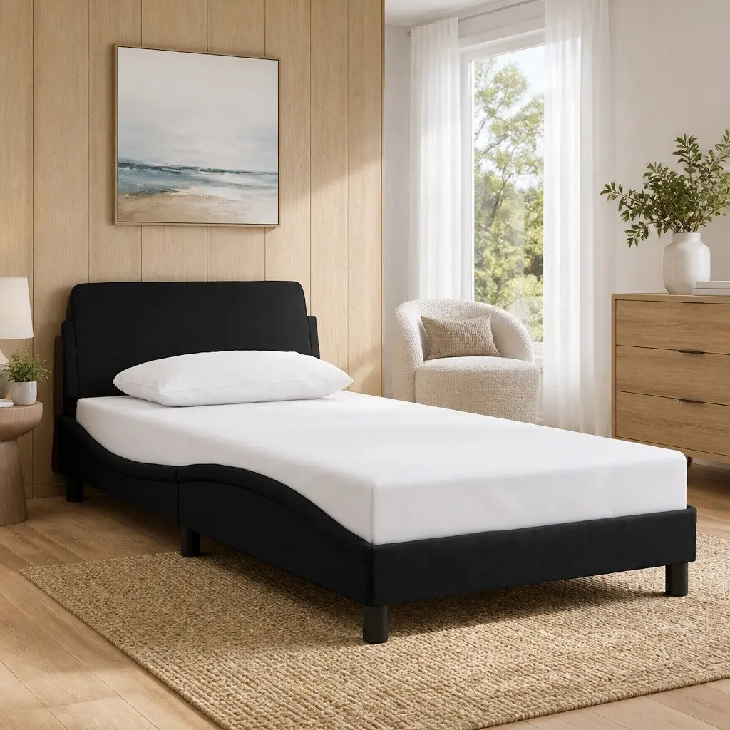 King Single Bed Frame Black Velvet Headboard Upholstered Modern Bedroom
