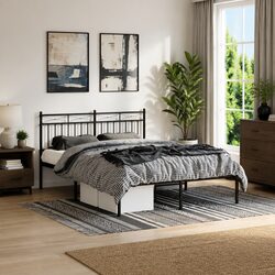 Metal Bed Frame 135x190 cm Black Headboard Steel Slats Centre Support Bedroom