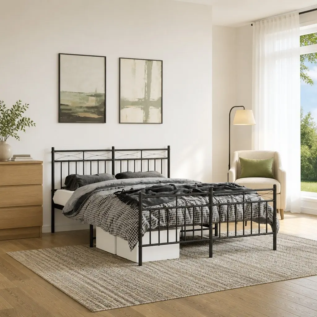 Black Metal Bed Frame 135x190cm with Integrated Headboard Footboard and Underbed Storage
