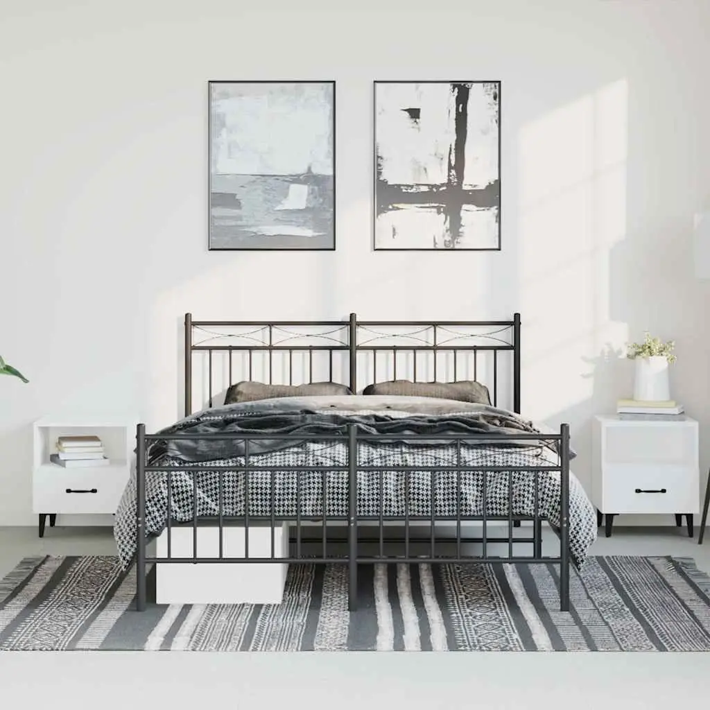 Black Metal Bed Frame 135x190cm with Integrated Headboard Footboard and Underbed Storage