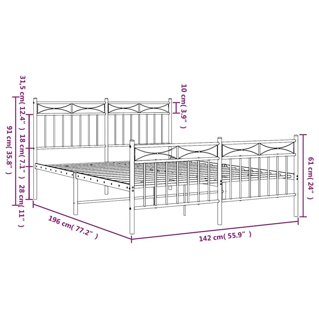 Black Metal Bed Frame 135x190cm with Integrated Headboard Footboard and Underbed Storage
