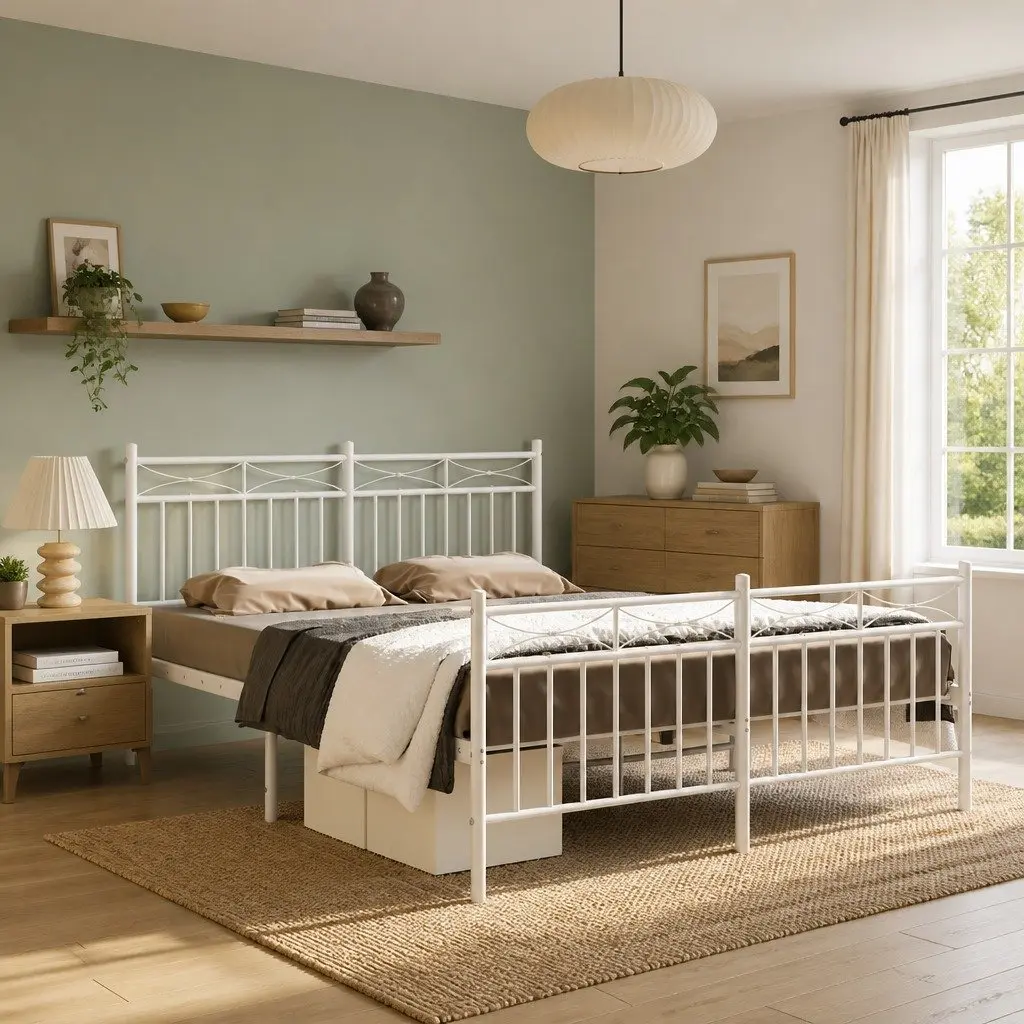 Metal Bed Frame Powder-coated Steel 135x190 cm White with Headboard and Footboard