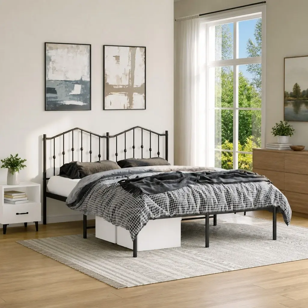 Metal Bed Frame 135x190 cm with Headboard Black Bedroom Furniture Steel Slats