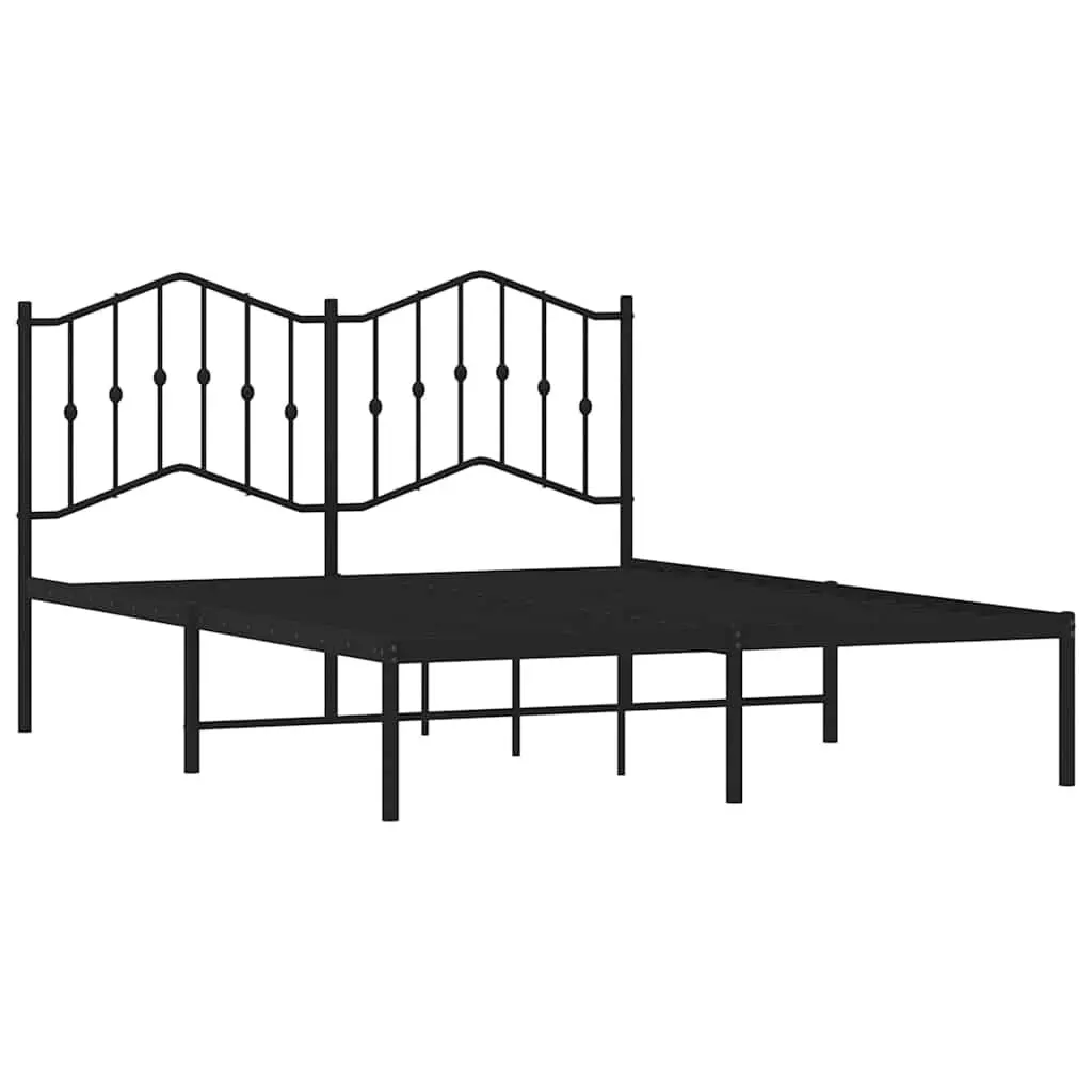 Metal Bed Frame 135x190 cm with Headboard Black Bedroom Furniture Steel Slats