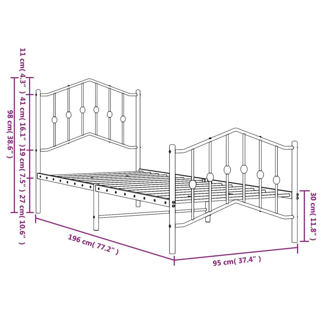 Metal Bed Frame Black 90x190cm with Headboard and Footboard for Bedroom Furniture