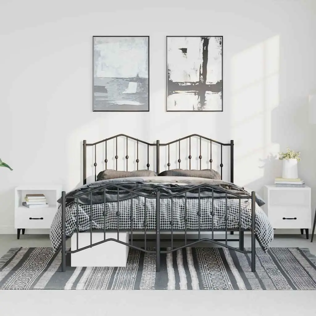 Queen Size Metal Bed Frame Black 150x200cm with Integrated Headboard and Footboard Powder-Coated Steel Construction for Bedroom Furniture