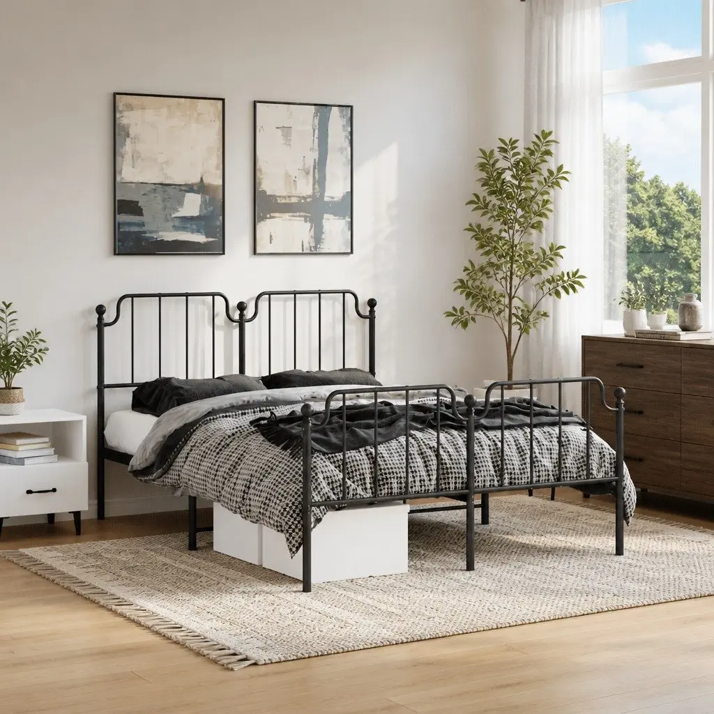 Metal Bed Frame 135x190 cm Bedroom Furniture Black with Footboard Headboard