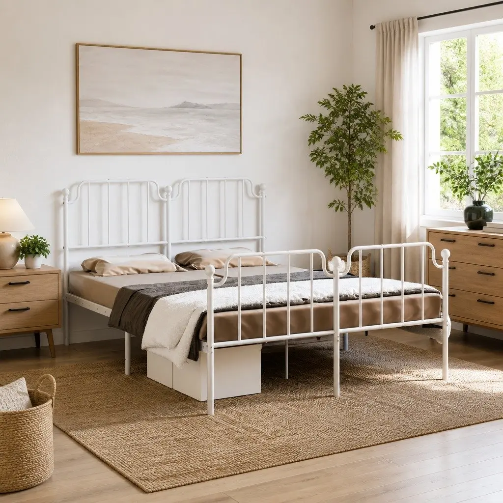 Metal Bed Frame 150x200cm White Powder Coated Steel Construction with Footboard and Headboard for Bedroom Storage