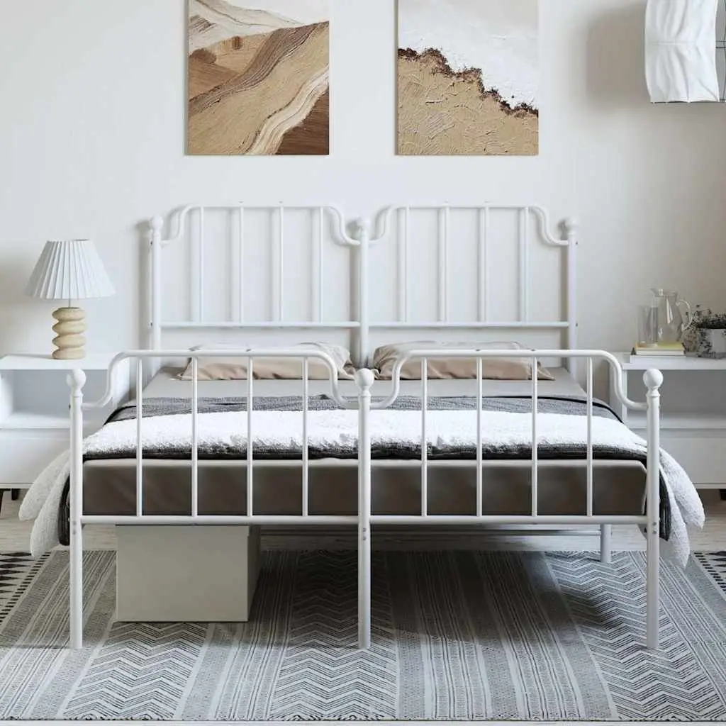 Metal Bed Frame 150x200cm White Powder Coated Steel Construction with Footboard and Headboard for Bedroom Storage