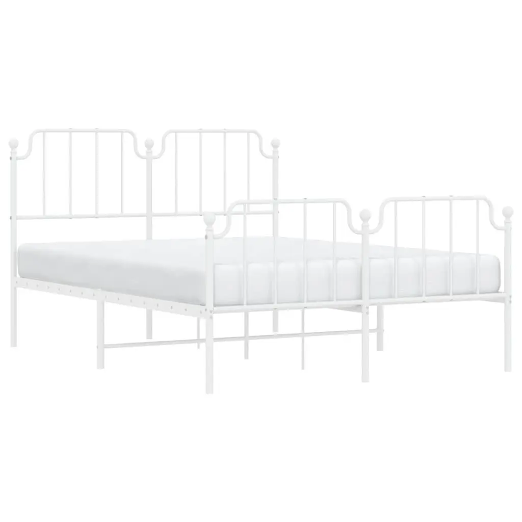 Metal Bed Frame 150x200cm White Powder Coated Steel Construction with Footboard and Headboard for Bedroom Storage