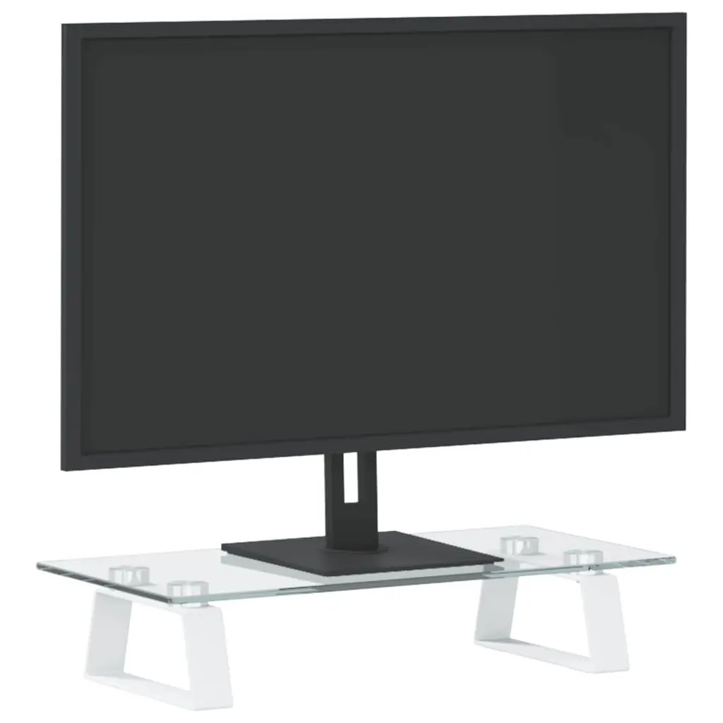 Monitor Riser White Tempered Glass Metal Ergonomic Desk Organiser 40x20x8cm