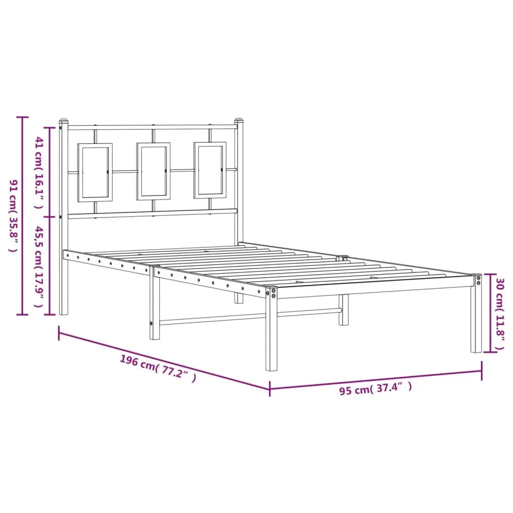 Black Steel Bed Frame with Headboard, 90x190 cm