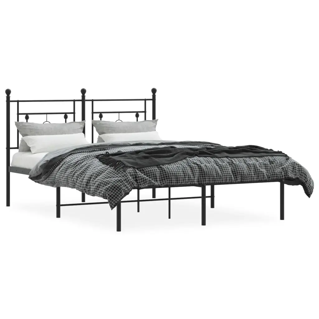 Metal Bed Frame 135x190cm with Headboard Black Steel Slatted Base Bedroom