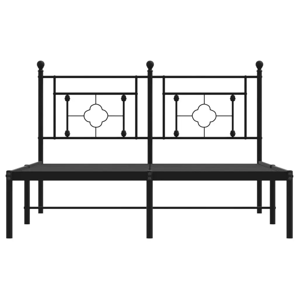Metal Bed Frame 135x190cm with Headboard Black Steel Slatted Base Bedroom