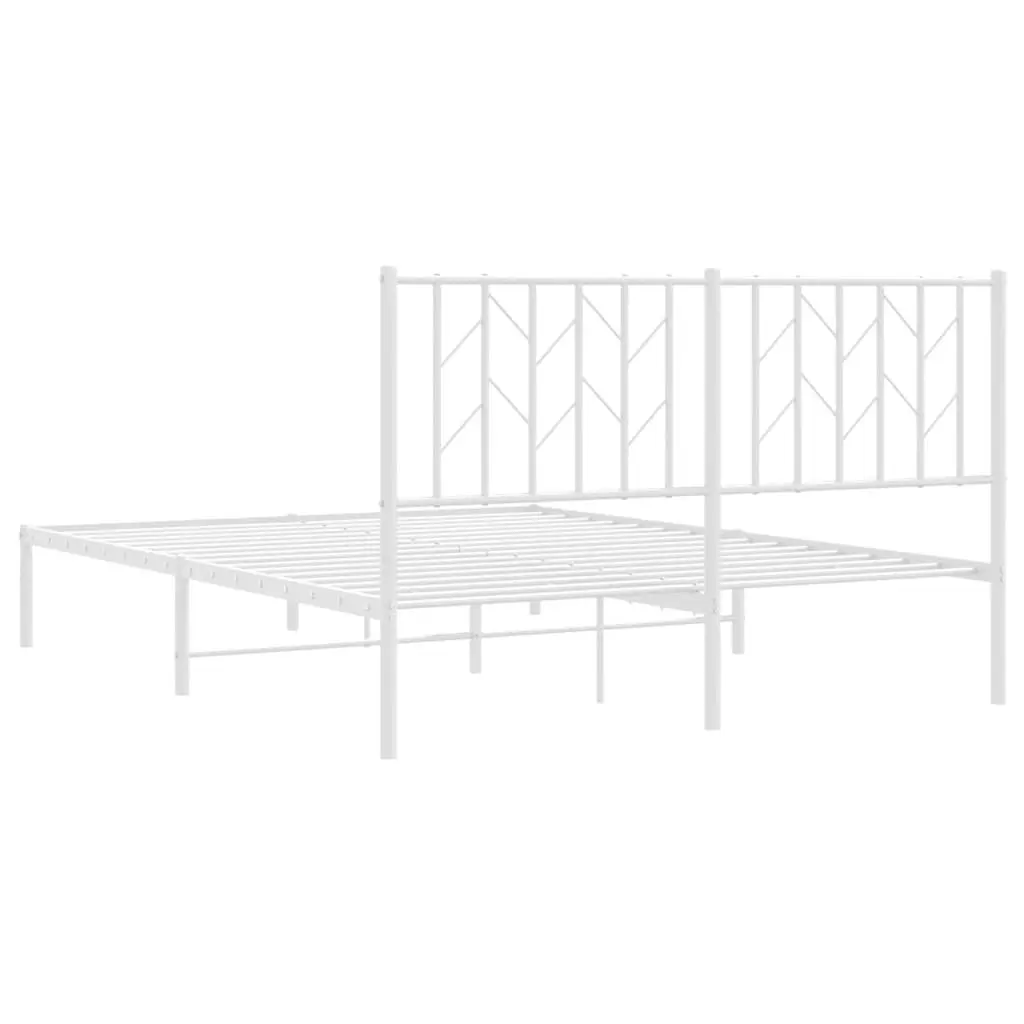 Metal Bed Frame 135x190 cm Bedroom Furniture with Headboard White Slatted Base