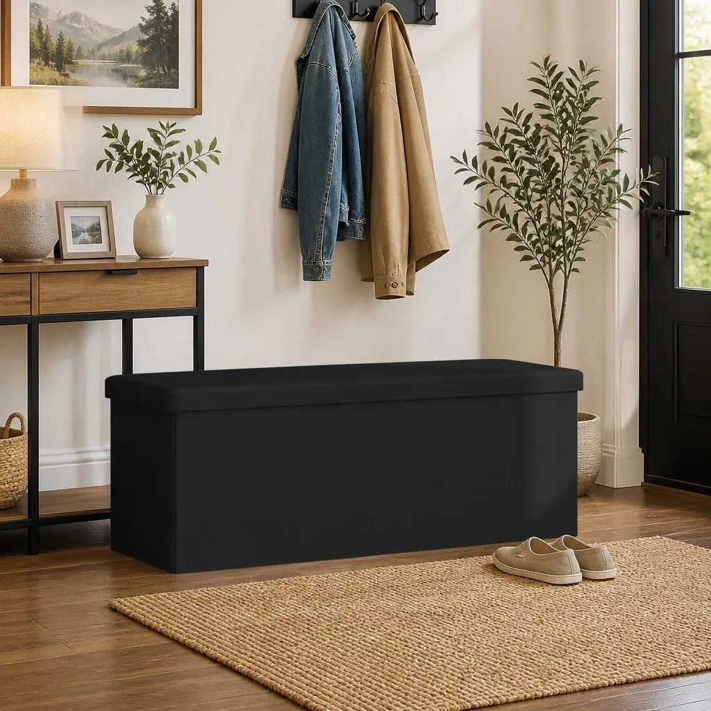 Storage Bench Foldable Engineered Wood PVC Black Ottoman