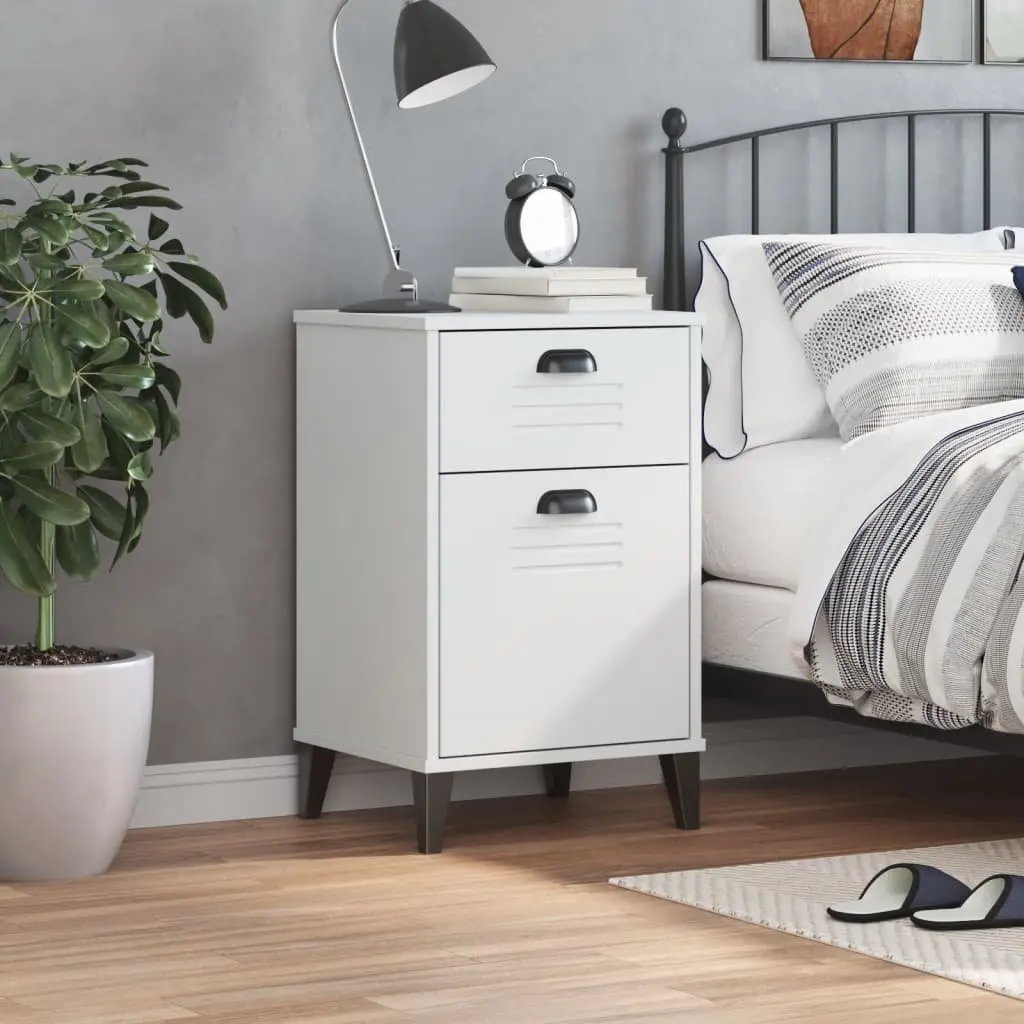 Bedside Cabinet Engineered Wood White Storage Table with Handles for Bedroom Furniture
