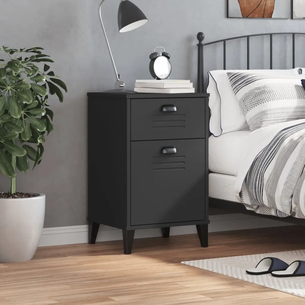Bedside Cabinet Black Engineered Wood Nightstand Bedroom Storage Table