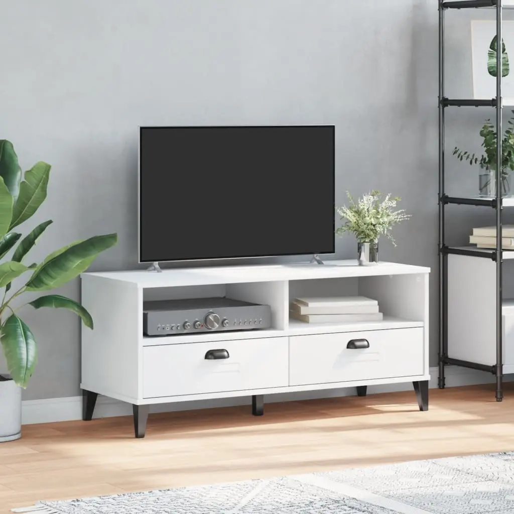 TV Cabinet White Engineered Wood Media Storage Unit with Handles and Cable