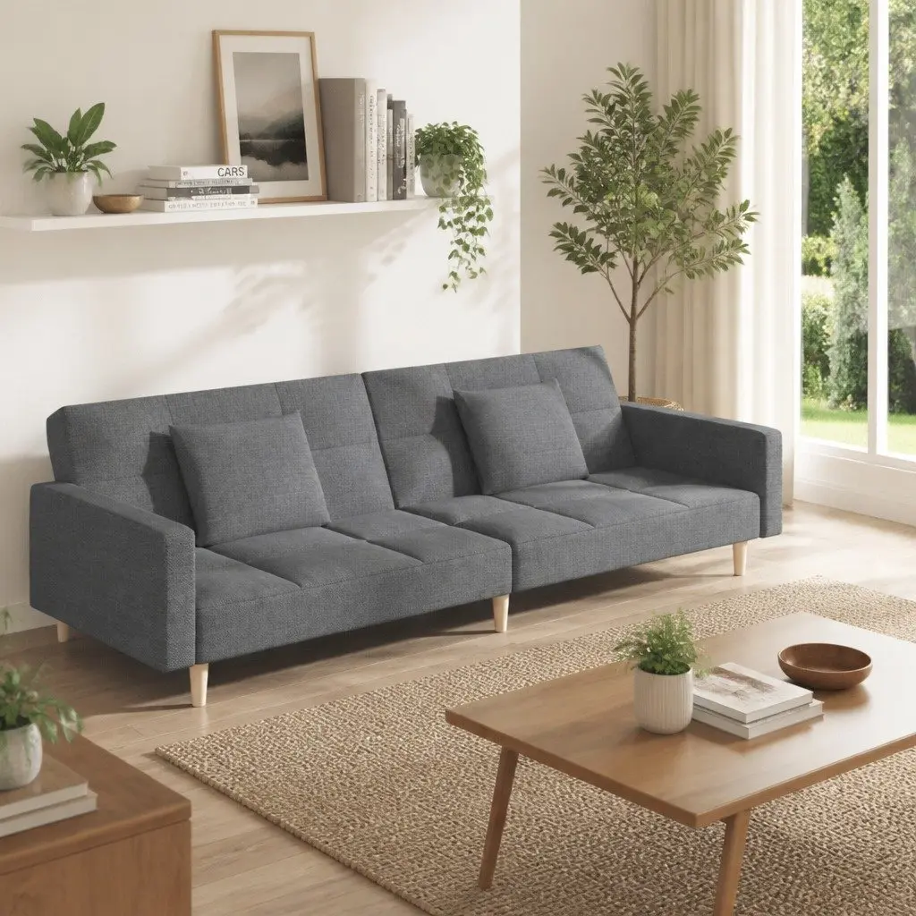 2-Seater Sofa Bed Fabric Light Grey with Wooden Frame and Pillows