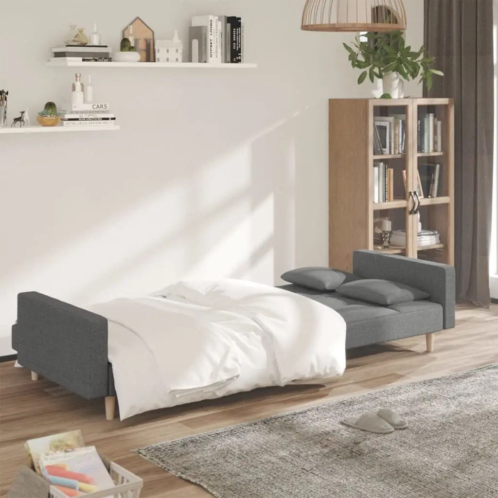 2-Seater Sofa Bed Fabric Light Grey with Wooden Frame and Pillows
