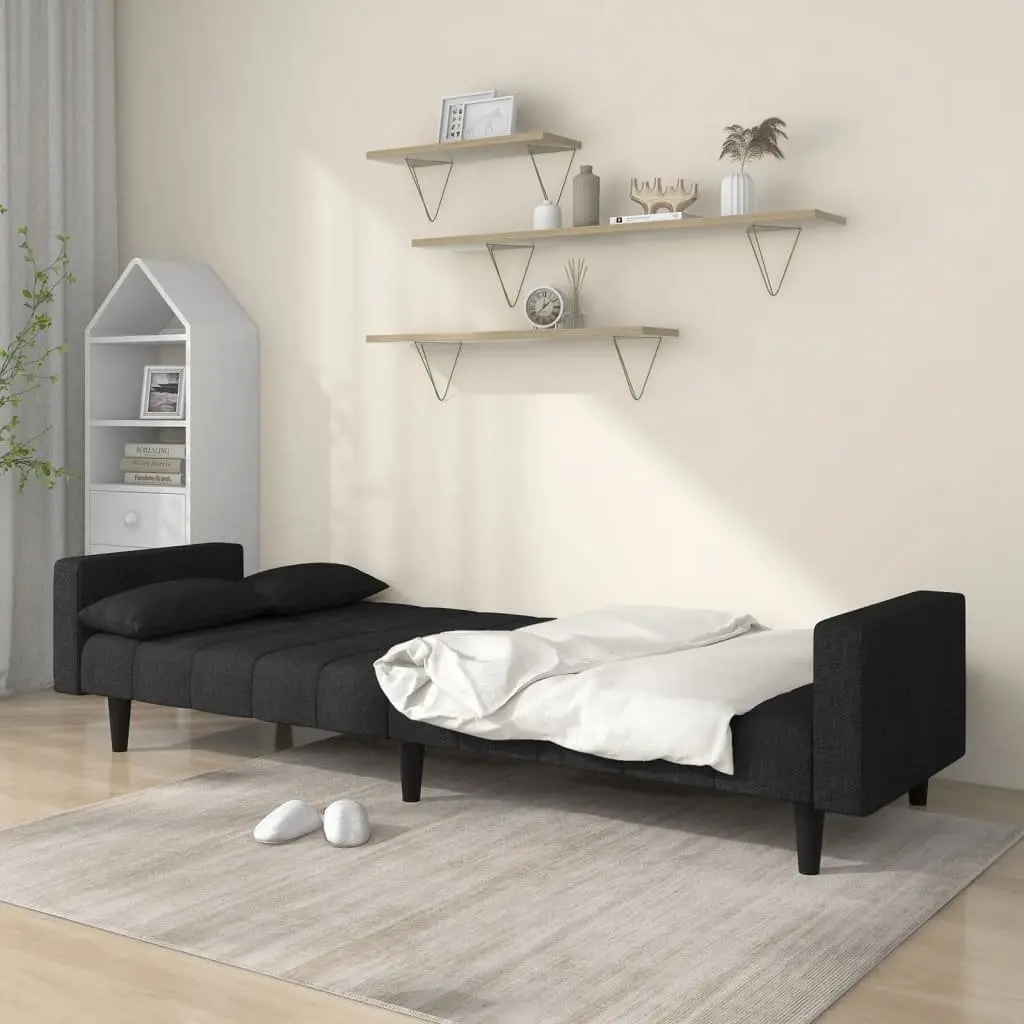 2-Seater Sofa Bed Black Fabric Convertible Day Bed Guest Sleeper with Pillows