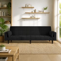 2-Seater Sofa Bed Black Velvet Day Bed Guest Sleeper Convertible Couch Pillows