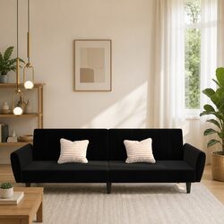 2-Seater Sofa Bed Black Velvet Day Bed Guest Sleeper Convertible Couch